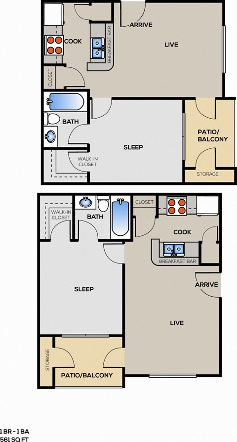 Floor plan for 1 bed, 1 bath, 561 sqft